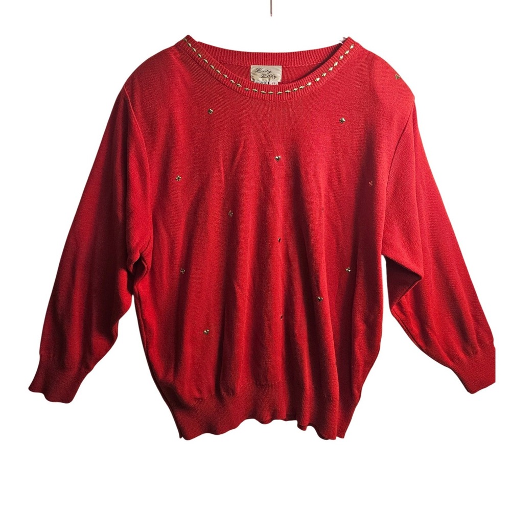 Vtg Lady Lilly Red 2X Sweater Gold‎ Embellishments Women #530